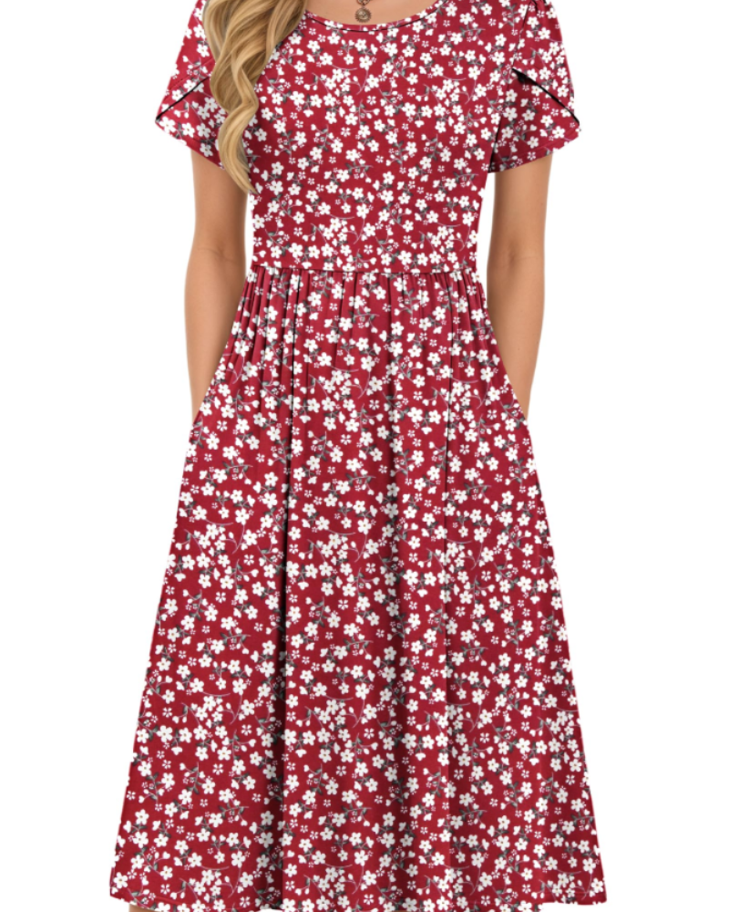 Eloise Women's A-Line Midi Dress – Short Sleeve Round Neck Dress with Pockets