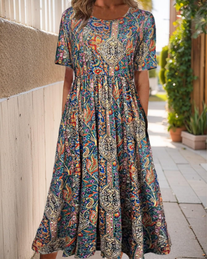 Sylvia Women's Floral Midi Dress – Short Sleeve A-Line Beach Dress with Pockets