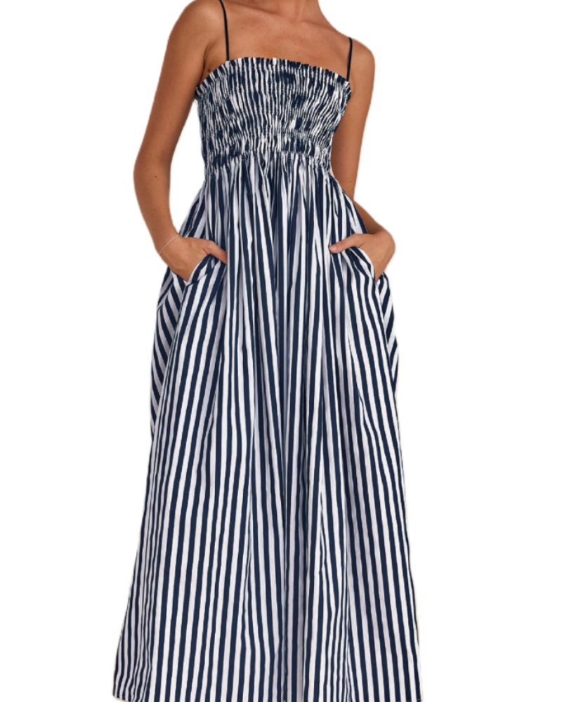 Roslyn Women's Striped Maxi Dress – Square Neck Spaghetti Strap Smocked Dress