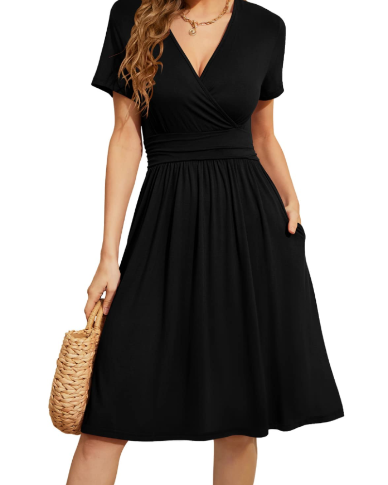 Rosalie Women's Floral Wrap Dress – V Neck Short Sleeve A-Line Pocket Midi Dress