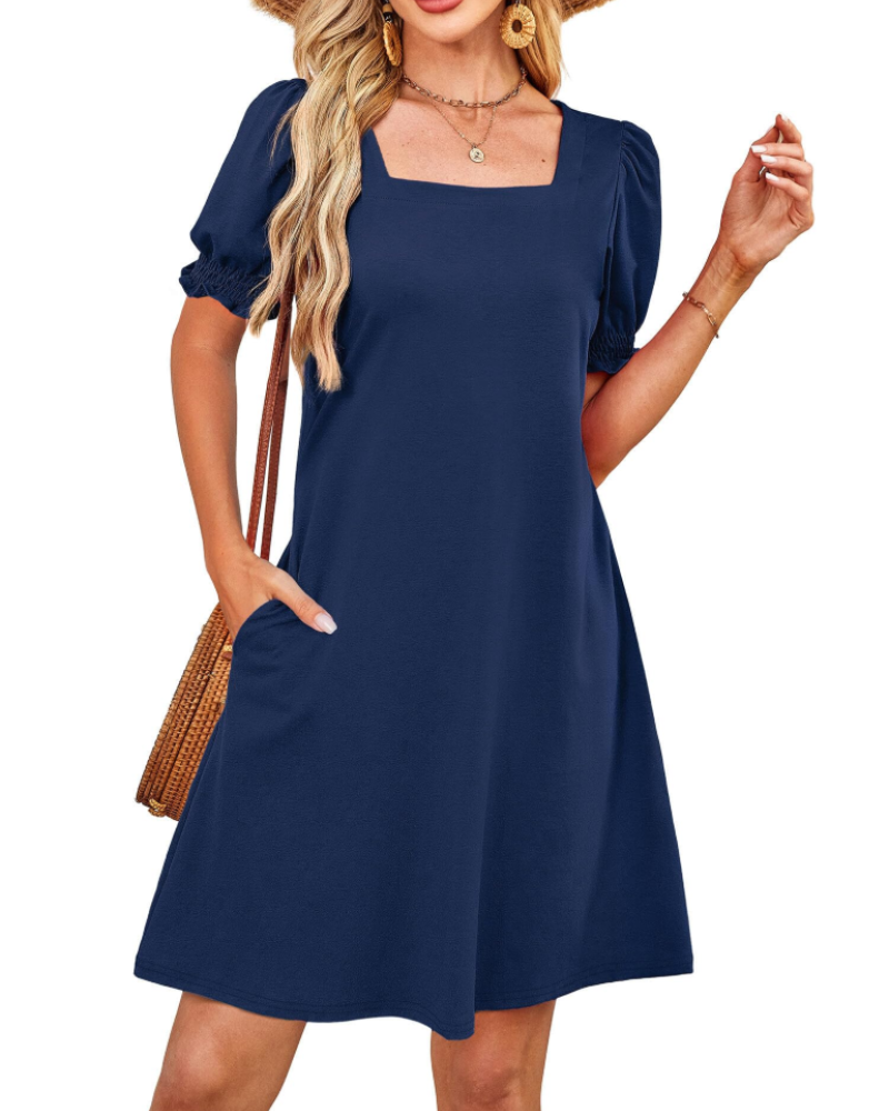 Lydia Women's Square Neck Dress – Puff Sleeve Pocket Casual Midi Dress