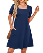 Lydia Women's Square Neck Dress – Puff Sleeve Pocket Casual Midi Dress