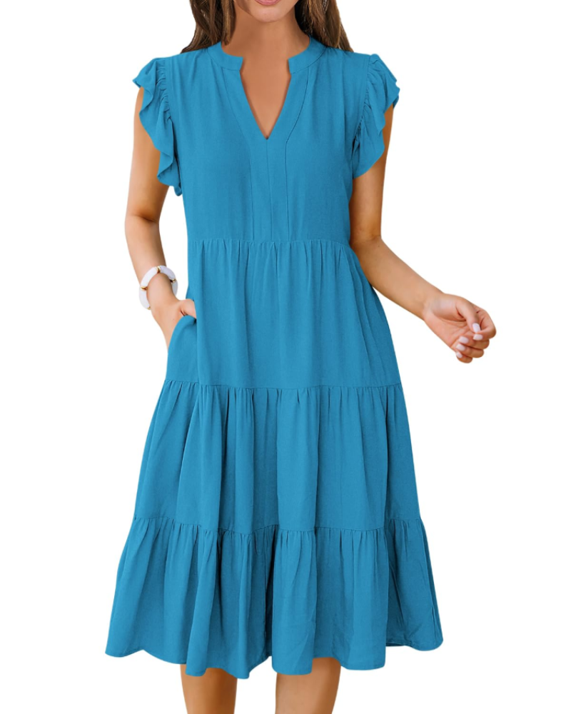 Natalie Women's Ruffle Sleeve Midi Dress – V Neck Tiered Boho Casual Dress