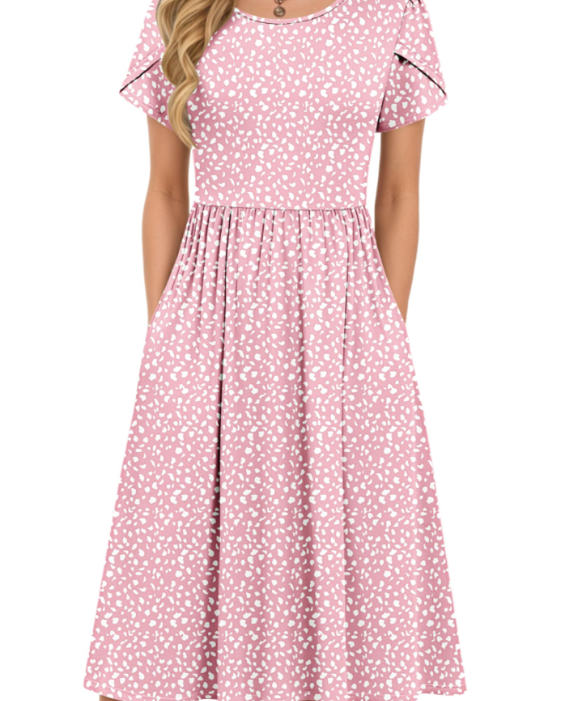 Eloise Women's A-Line Midi Dress – Short Sleeve Round Neck Dress with Pockets