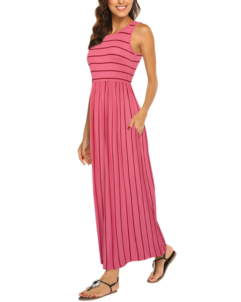 Eloise Women's Striped Maxi Dress – Sleeveless Crew Neck Pocket Casual Summer Dress