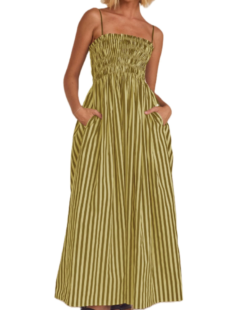 Roslyn Women's Striped Maxi Dress – Square Neck Spaghetti Strap Smocked Dress