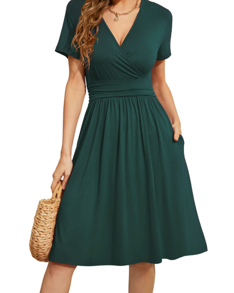 Rosalie Women's Floral Wrap Dress – V Neck Short Sleeve A-Line Pocket Midi Dress
