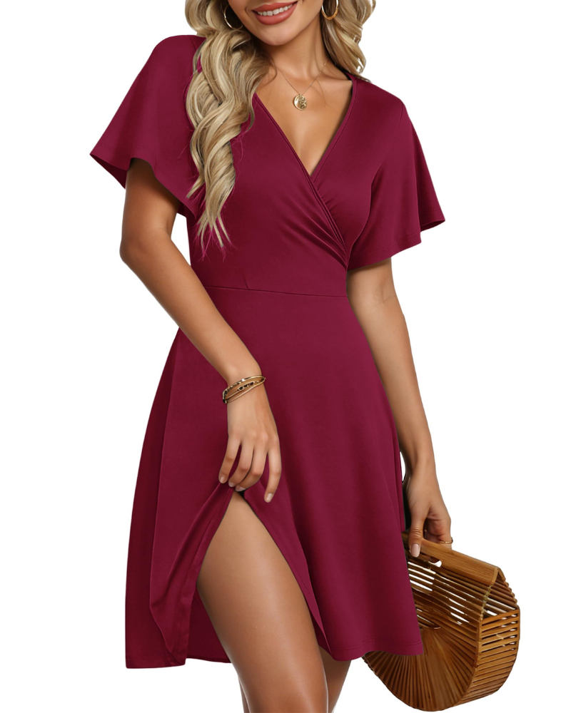 Adeline Women's Wrap Midi Dress – V Neck Ruffle Sleeve Dress with Pockets