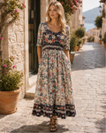 Sylvia Women's Floral Midi Dress – Short Sleeve A-Line Beach Dress with Pockets