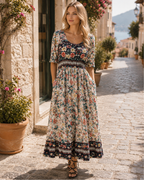 Sylvia Women's Floral Midi Dress – Short Sleeve A-Line Beach Dress with Pockets