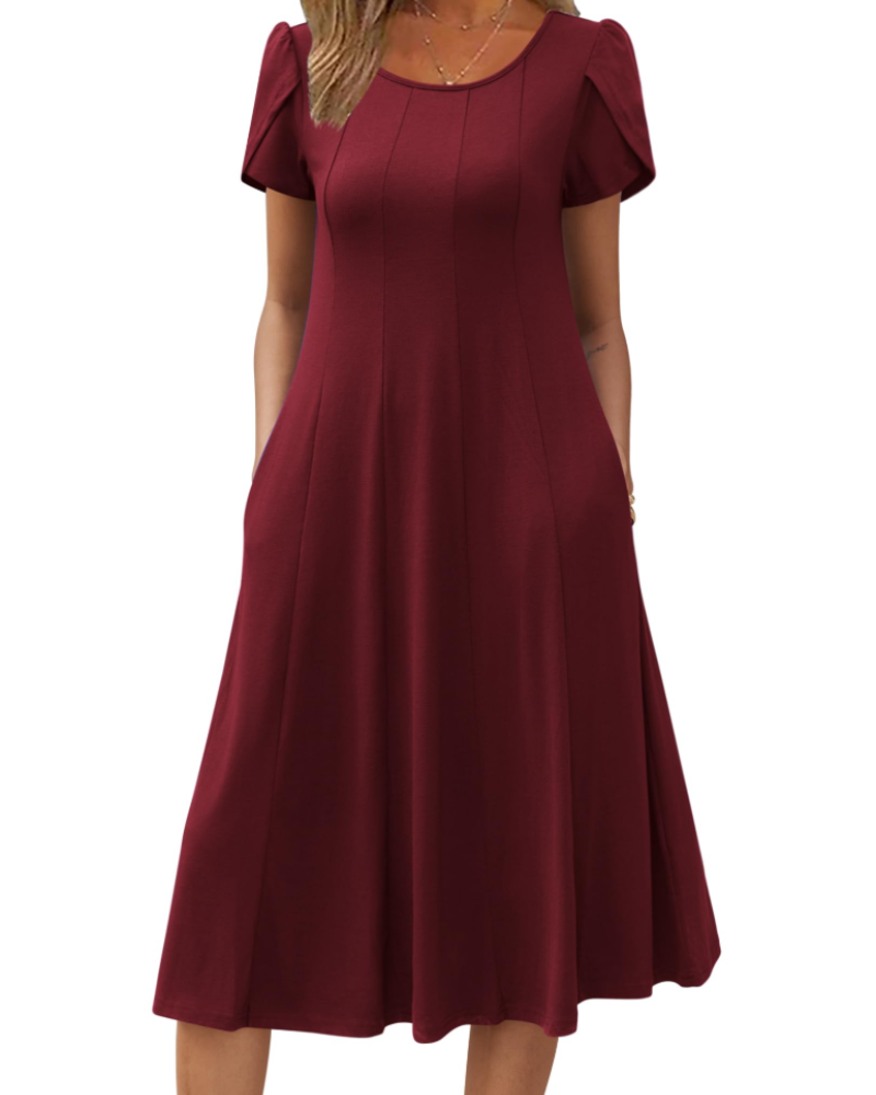 Dahlia Women's Floral Midi Dress – Short Sleeve Crew Neck Swing Dress with Pockets