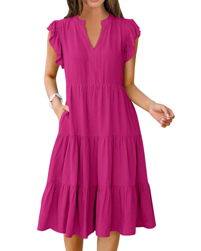 Natalie Women's Ruffle Sleeve Midi Dress – V Neck Tiered Boho Casual Dress