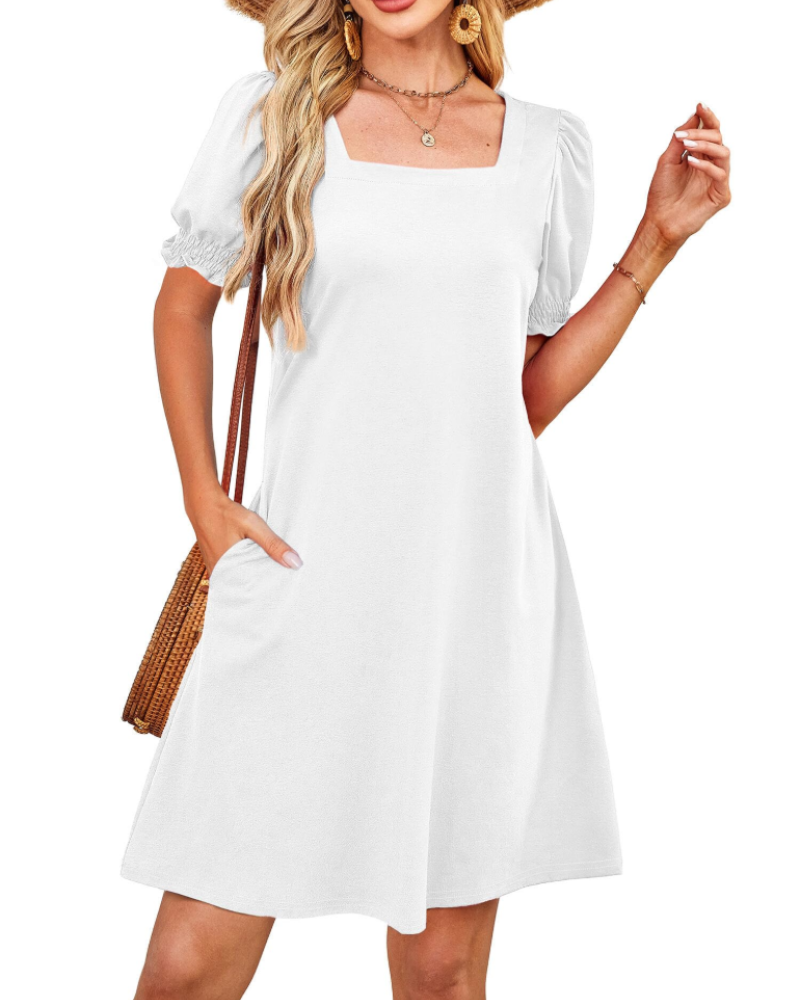 Lydia Women's Square Neck Dress – Puff Sleeve Pocket Casual Midi Dress