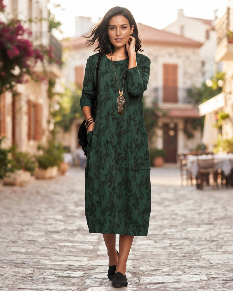Bernadette Women's Floral Fleece Maxi Dress – Long Sleeves, Pockets & Relaxed Fit