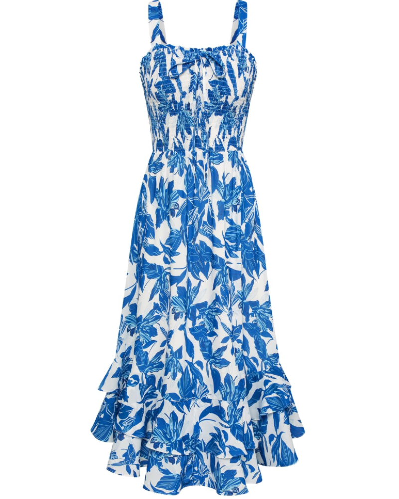 Bianca Women's Floral Chiffon Maxi Dress – Square Neck Smocked Summer Dress