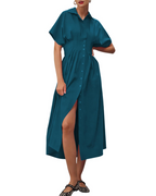 Savannah Button Shirt Dress – Collared Pleated Maxi Casual Dress