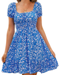 Lydia Women's Floral Mini Dress – Puff Sleeve Tie Neck Open Back Summer Dress