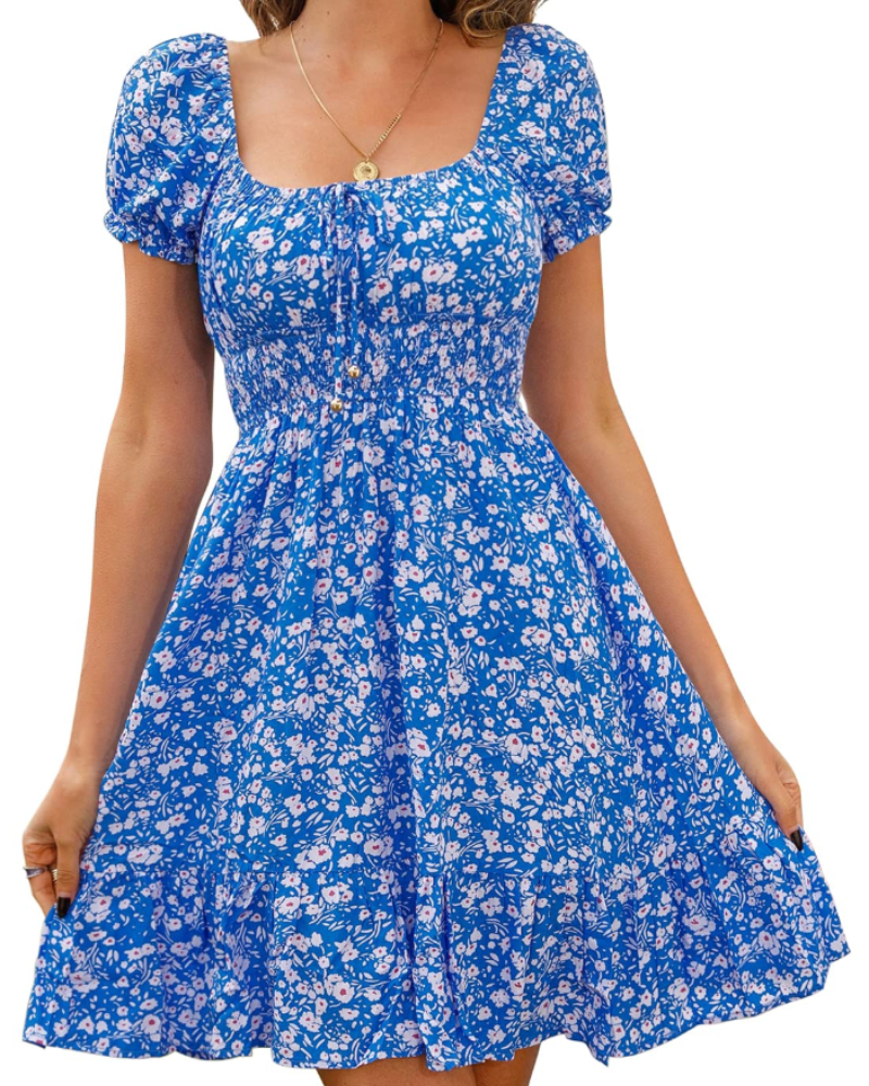 Lydia Women's Floral Mini Dress – Puff Sleeve Tie Neck Open Back Summer Dress