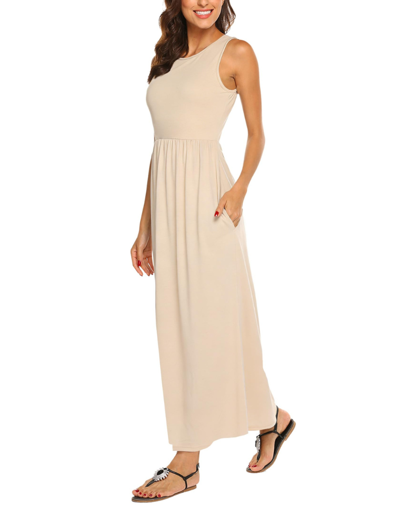 Eloise Women's Striped Maxi Dress – Sleeveless Crew Neck Pocket Casual Summer Dress