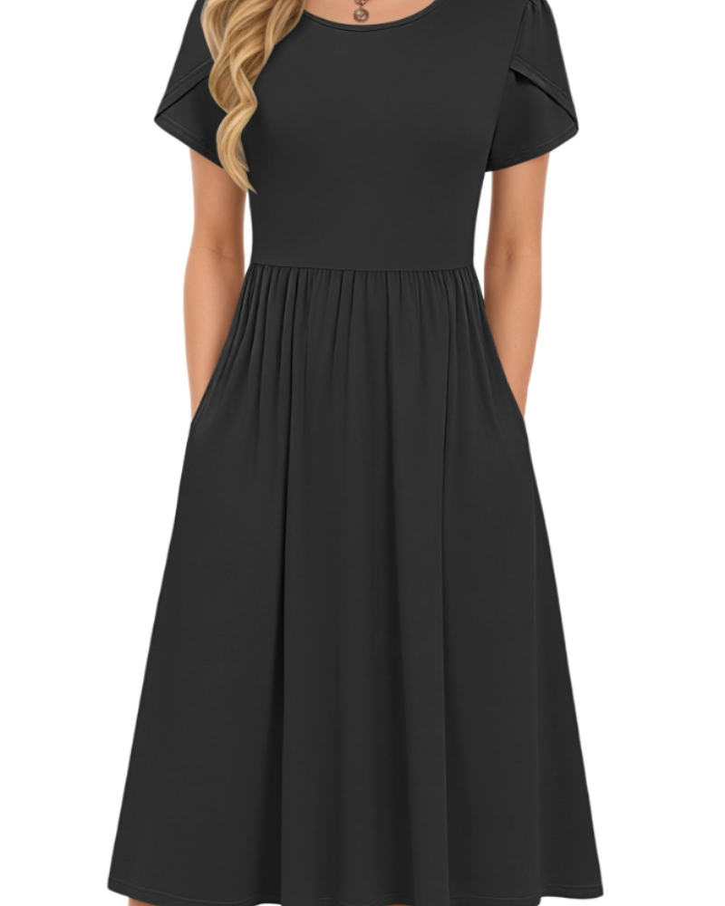 Eloise Women's A-Line Midi Dress – Short Sleeve Round Neck Dress with Pockets