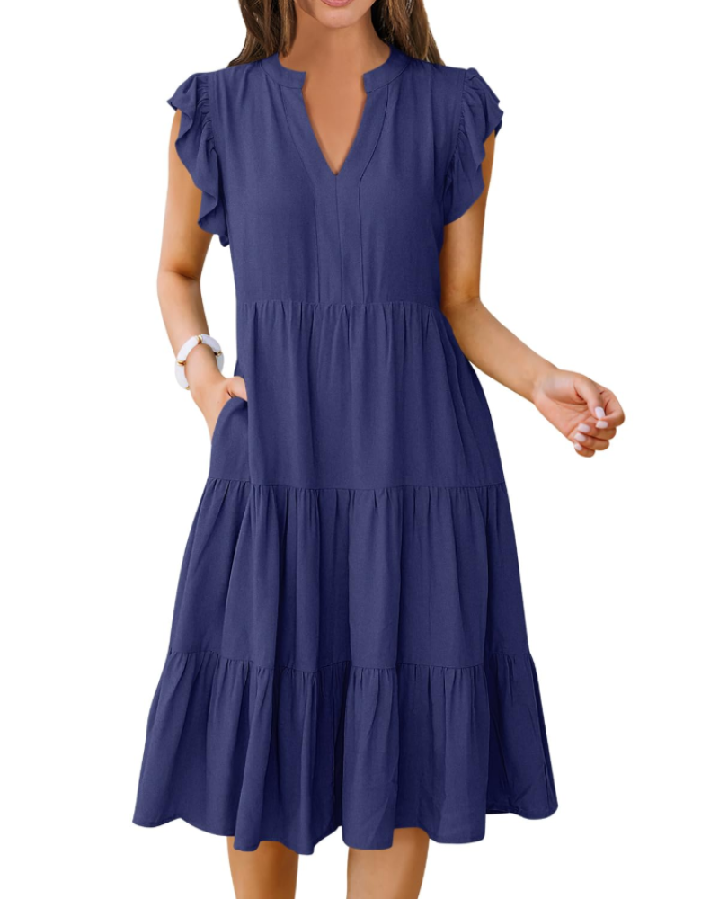 Natalie Women's Ruffle Sleeve Midi Dress – V Neck Tiered Boho Casual Dress