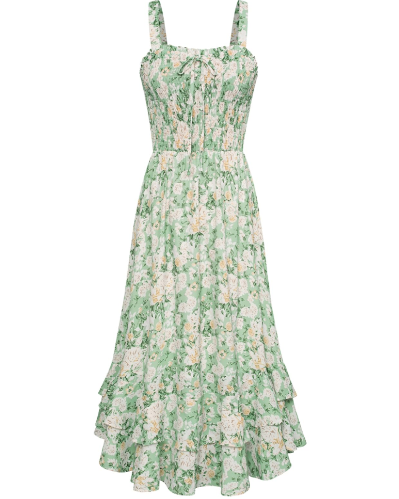 Bianca Women's Floral Chiffon Maxi Dress – Square Neck Smocked Summer Dress