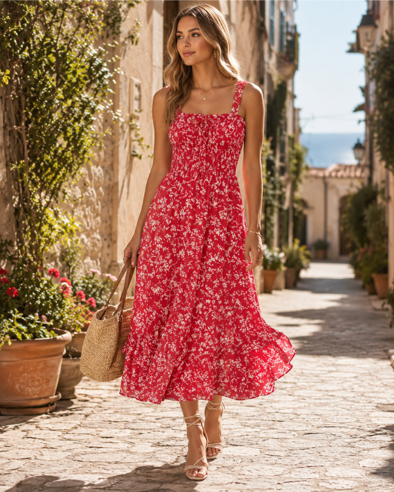 Bianca Women's Floral Chiffon Maxi Dress – Square Neck Smocked Summer Dress