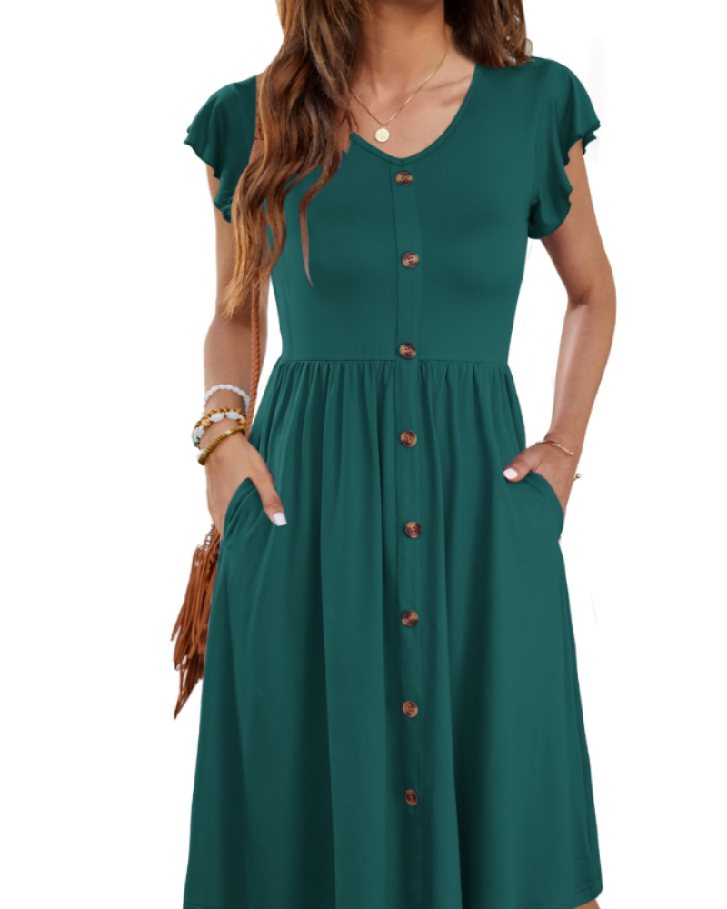 Maren Women's V Neck Midi Dress – Ruffle Sleeve Button Detail Dress with Pockets