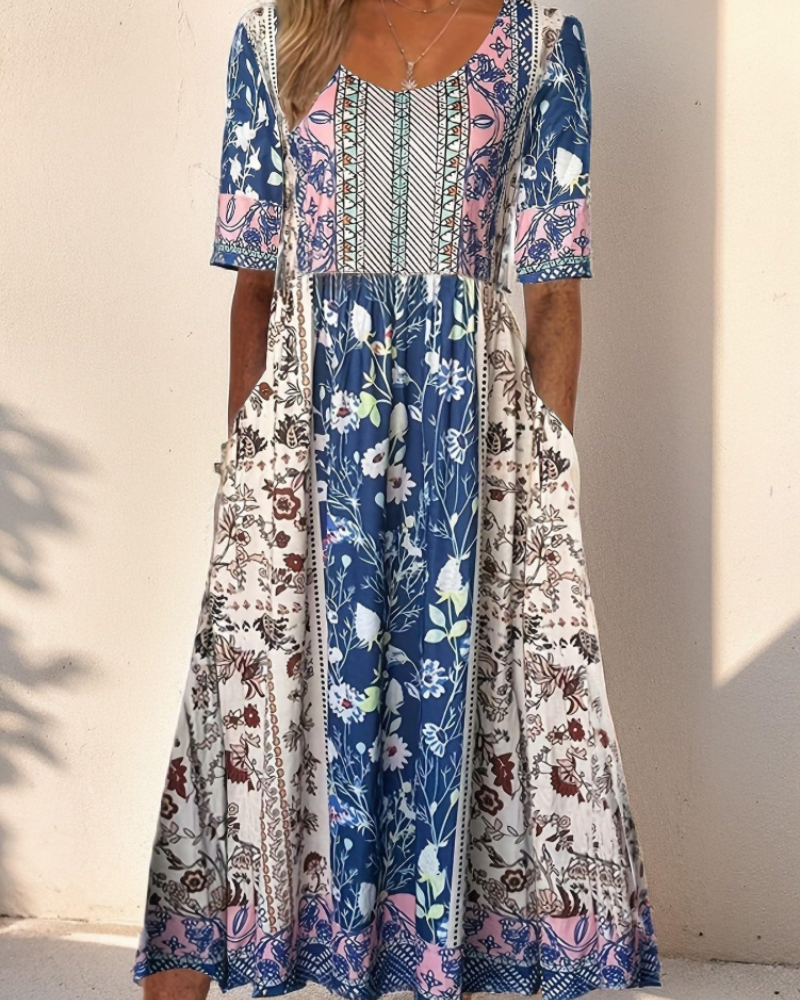 Sylvia Women's Floral Midi Dress – Short Sleeve A-Line Beach Dress with Pockets