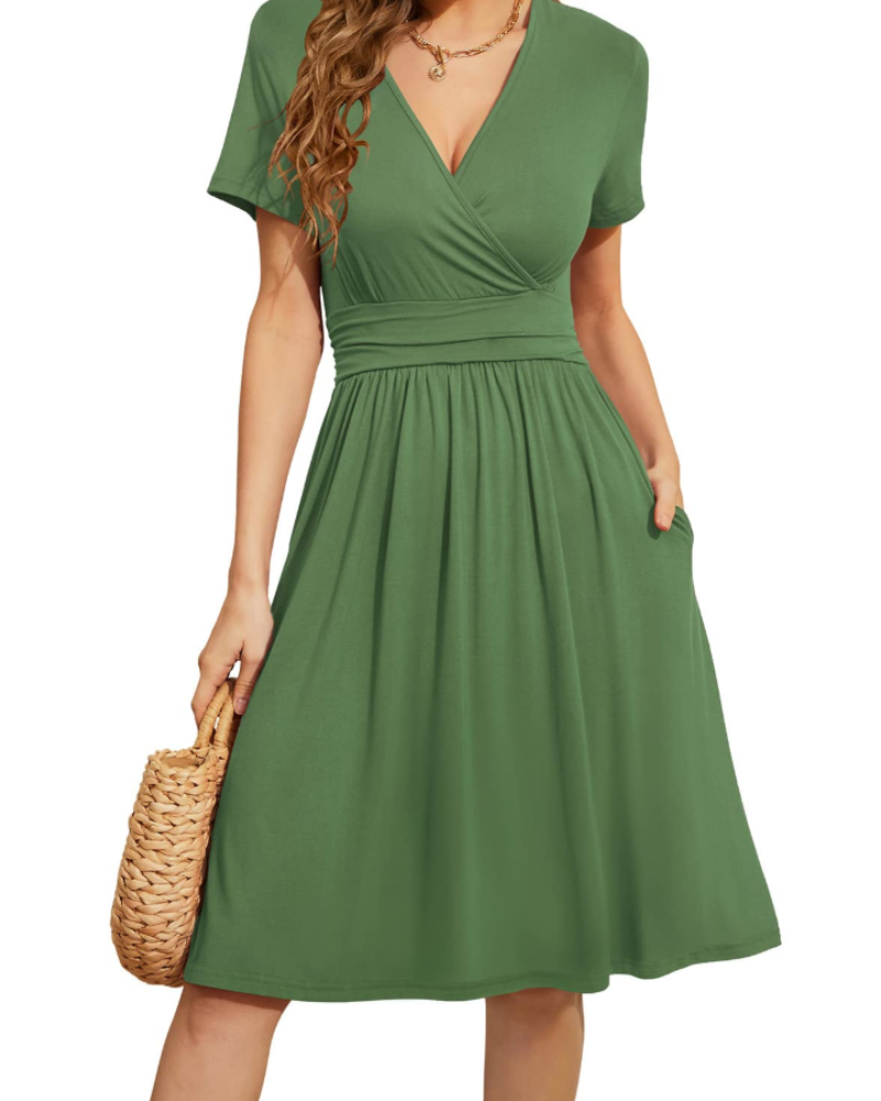 Rosalie Women's Floral Wrap Dress – V Neck Short Sleeve A-Line Pocket Midi Dress