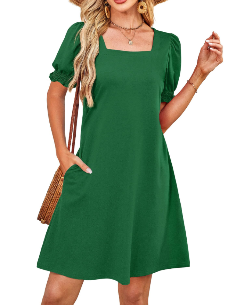 Lydia Women's Square Neck Dress – Puff Sleeve Pocket Casual Midi Dress