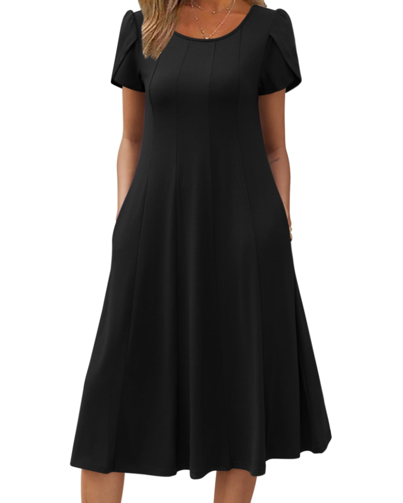 Dahlia Women's Floral Midi Dress – Short Sleeve Crew Neck Swing Dress with Pockets