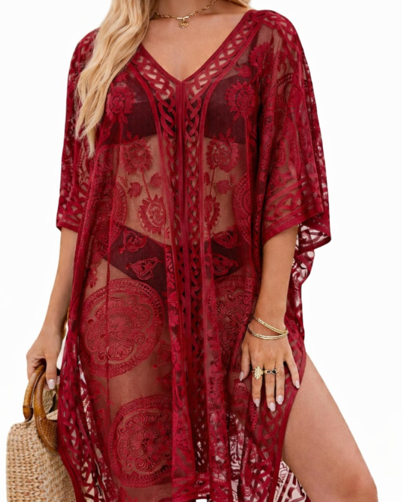 Fiona Women's Lace Beach Cover Up – V Neck Sheer Maxi Swimwear Kaftan