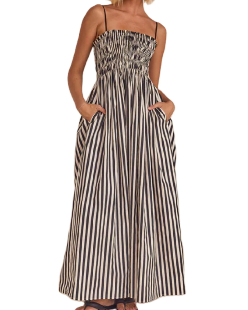 Roslyn Women's Striped Maxi Dress – Square Neck Spaghetti Strap Smocked Dress