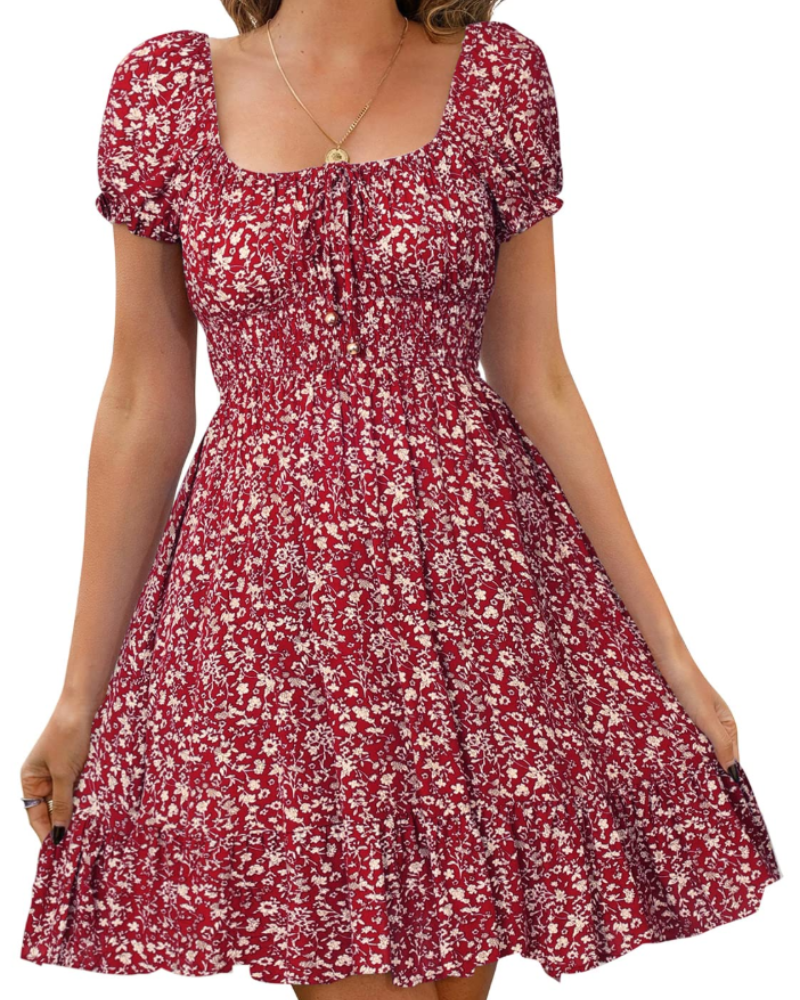 Lydia Women's Floral Mini Dress – Puff Sleeve Tie Neck Open Back Summer Dress