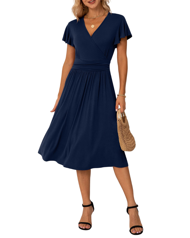 Felicity Women's Floral Wrap Dress – Short Sleeve V Neck A-Line Summer Dress