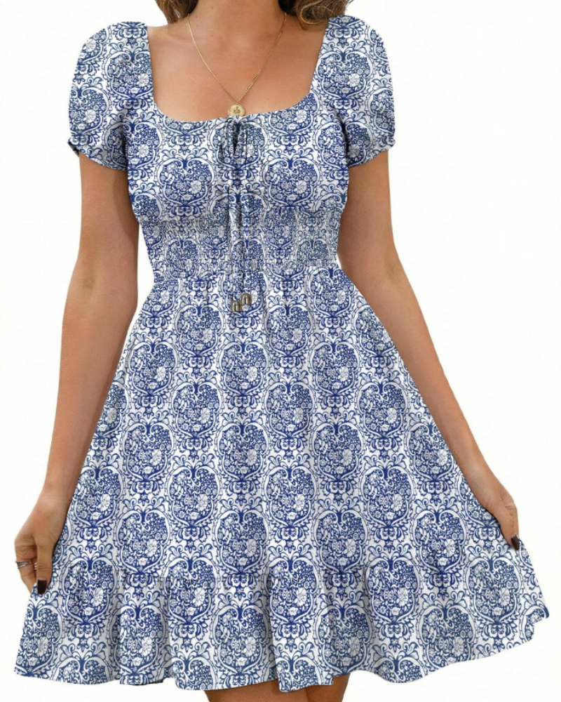 Lydia Women's Floral Mini Dress – Puff Sleeve Tie Neck Open Back Summer Dress