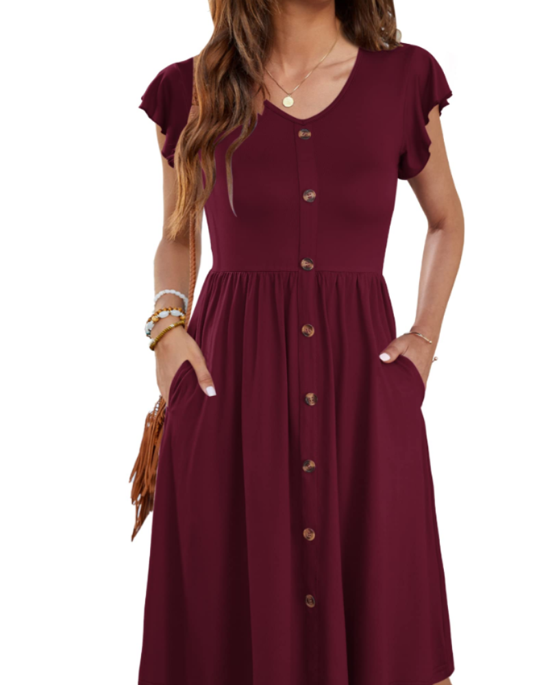 Maren Women's V Neck Midi Dress – Ruffle Sleeve Button Detail Dress with Pockets