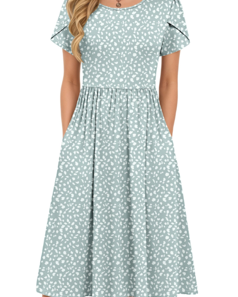 Eloise Women's A-Line Midi Dress – Short Sleeve Round Neck Dress with Pockets