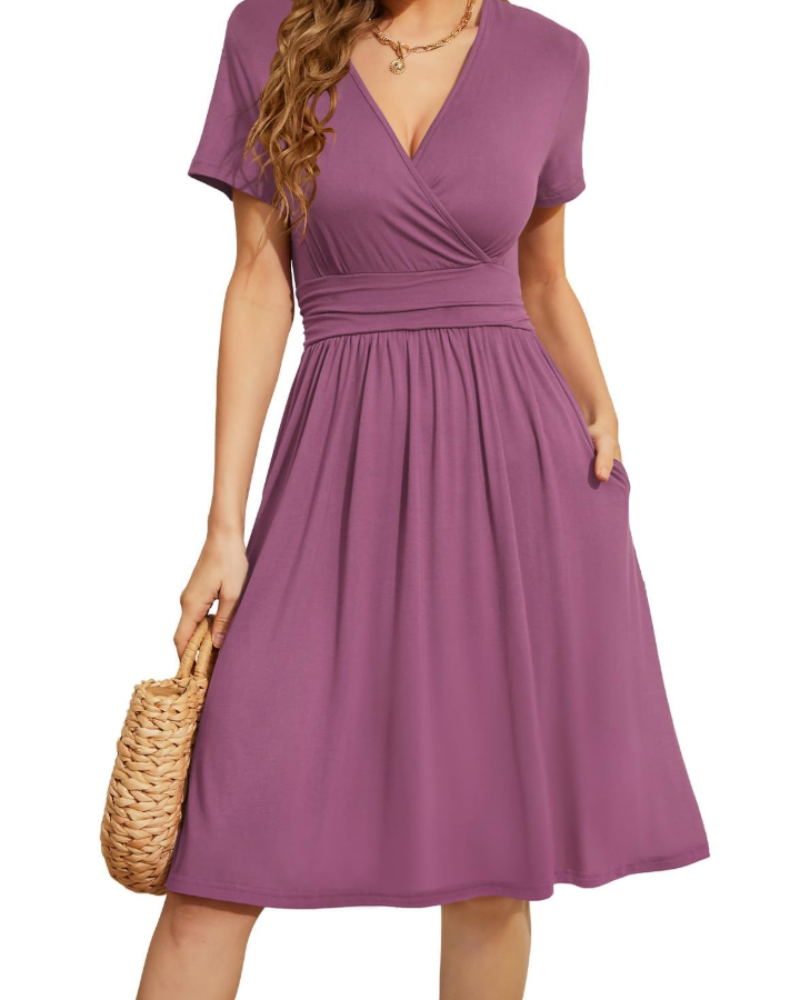 Rosalie Women's Floral Wrap Dress – V Neck Short Sleeve A-Line Pocket Midi Dress