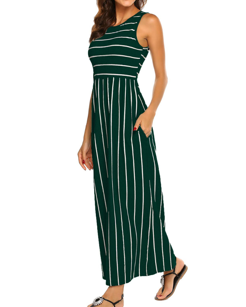 Eloise Women's Striped Maxi Dress – Sleeveless Crew Neck Pocket Casual Summer Dress