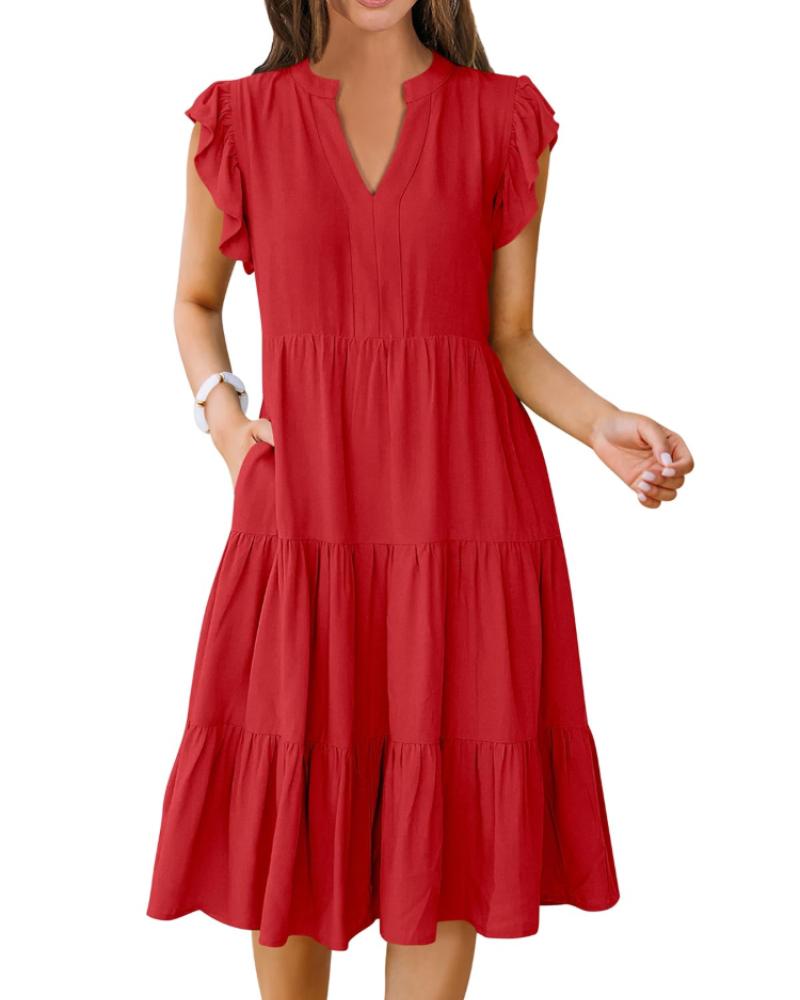 Natalie Women's Ruffle Sleeve Midi Dress – V Neck Tiered Boho Casual Dress
