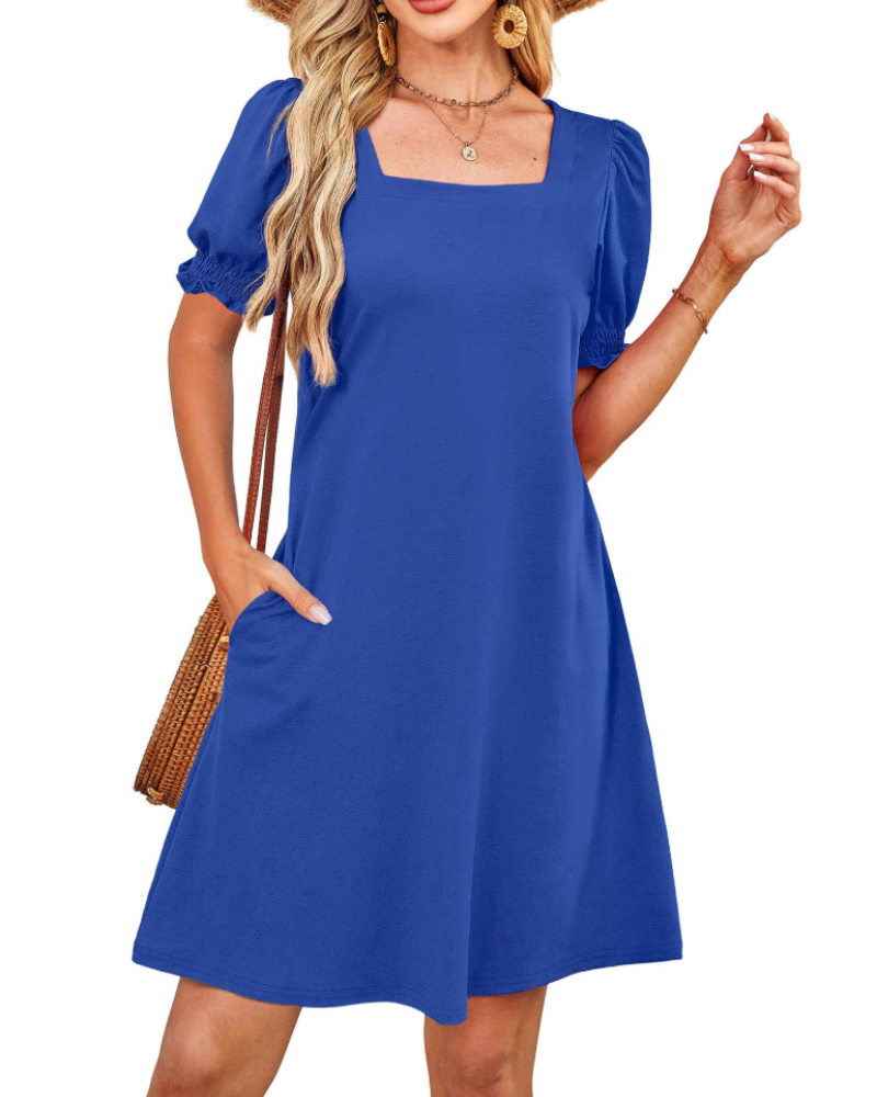 Lydia Women's Square Neck Dress – Puff Sleeve Pocket Casual Midi Dress