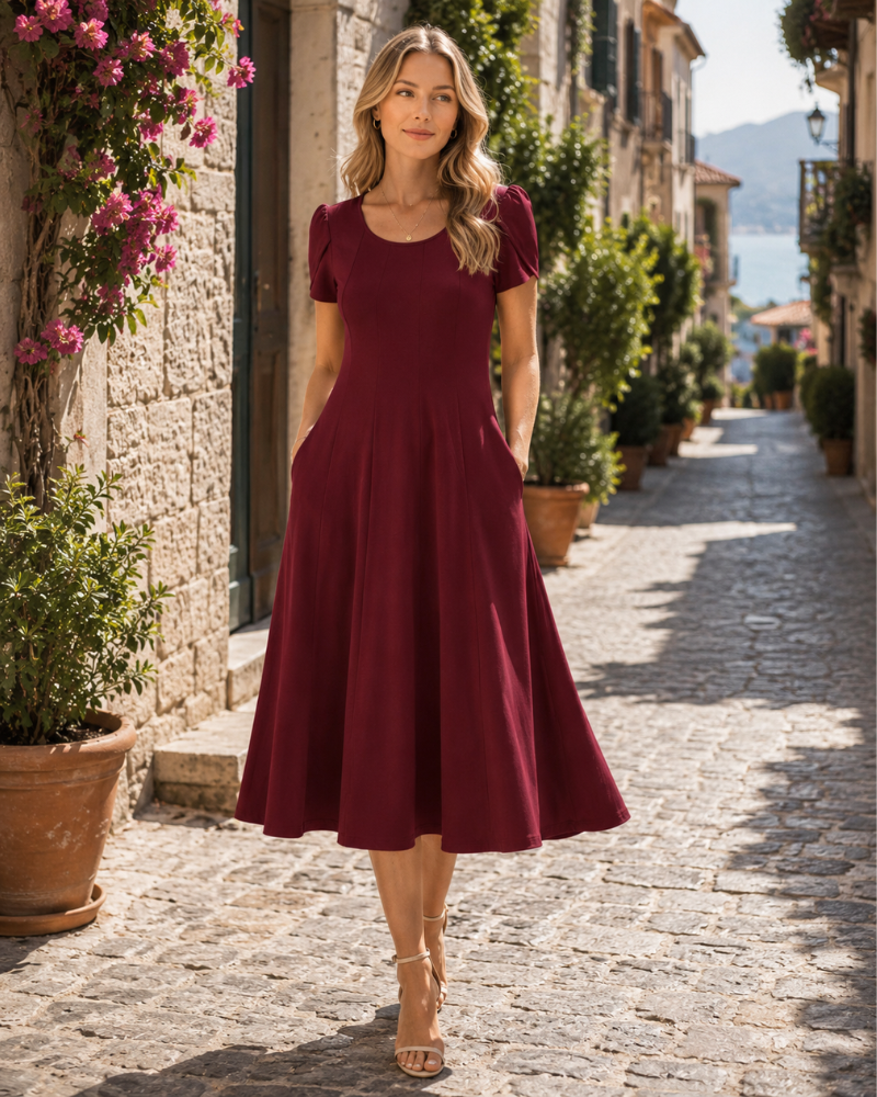Dahlia Women's Floral Midi Dress – Short Sleeve Crew Neck Swing Dress with Pockets