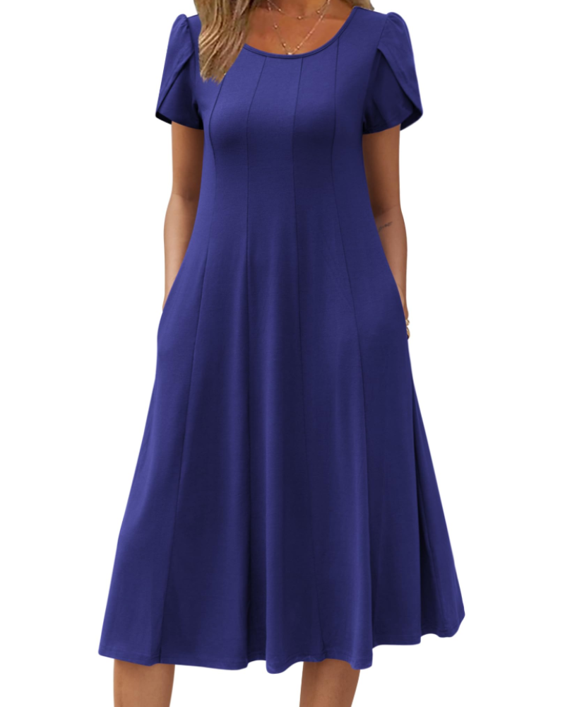 Dahlia Women's Floral Midi Dress – Short Sleeve Crew Neck Swing Dress with Pockets