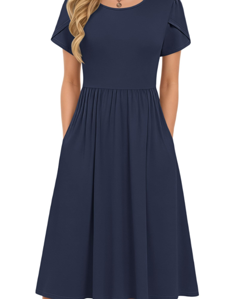 Eloise Women's A-Line Midi Dress – Short Sleeve Round Neck Dress with Pockets
