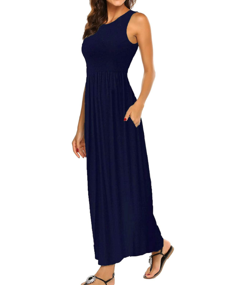 Eloise Women's Striped Maxi Dress – Sleeveless Crew Neck Pocket Casual Summer Dress