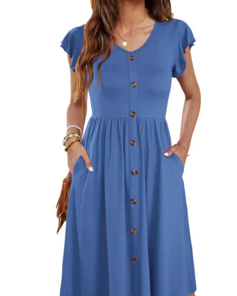 Maren Women's V Neck Midi Dress – Ruffle Sleeve Button Detail Dress with Pockets