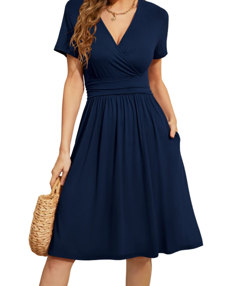 Rosalie Women's Floral Wrap Dress – V Neck Short Sleeve A-Line Pocket Midi Dress