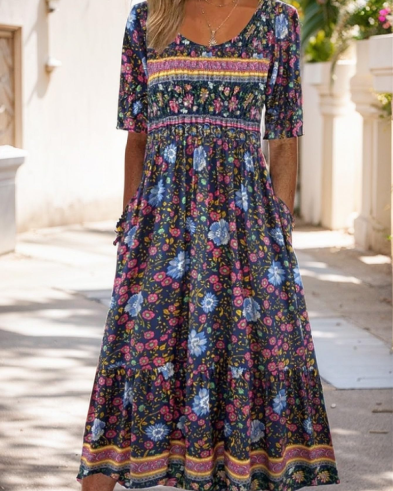 Sylvia Women's Floral Midi Dress – Short Sleeve A-Line Beach Dress with Pockets